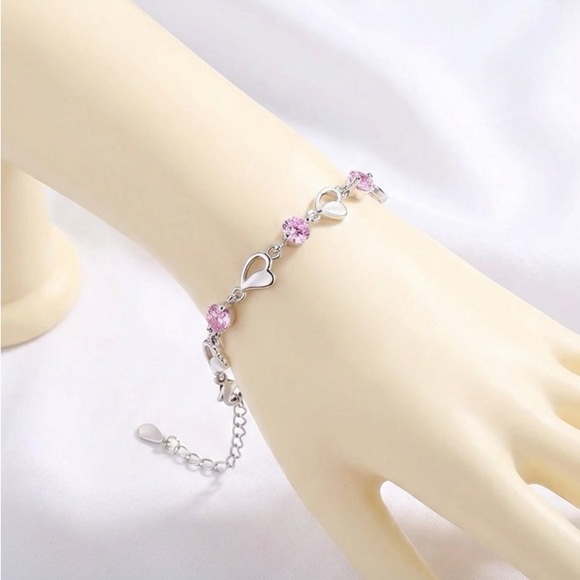 Pink Crystal Heart Link Bracelet | Silver Tone | Adjustable Sparkle - Picture 4 of 5